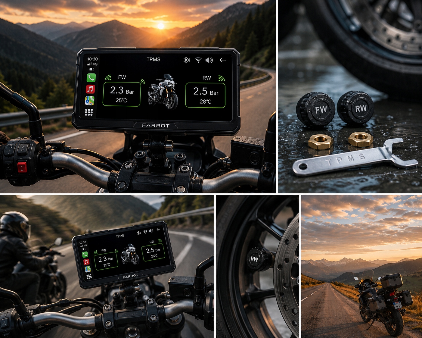 FARROT TPMS Motocykl 2 szt. Czujniki Ciśnienia Opon CarPlay Android Auto