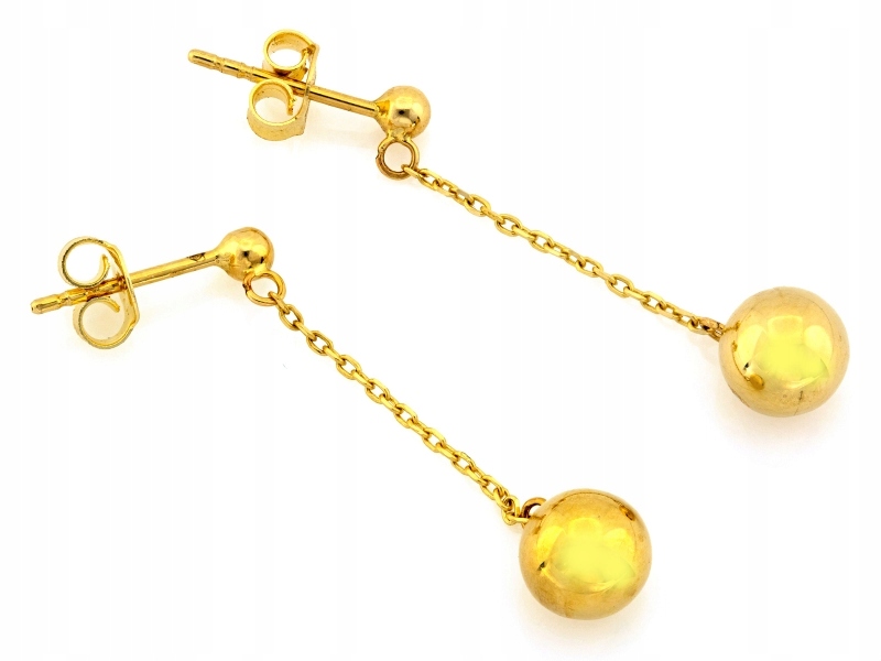 Dlouhé zlaté náušnice 585 s lesklou kuličkou na řetízcích ankety