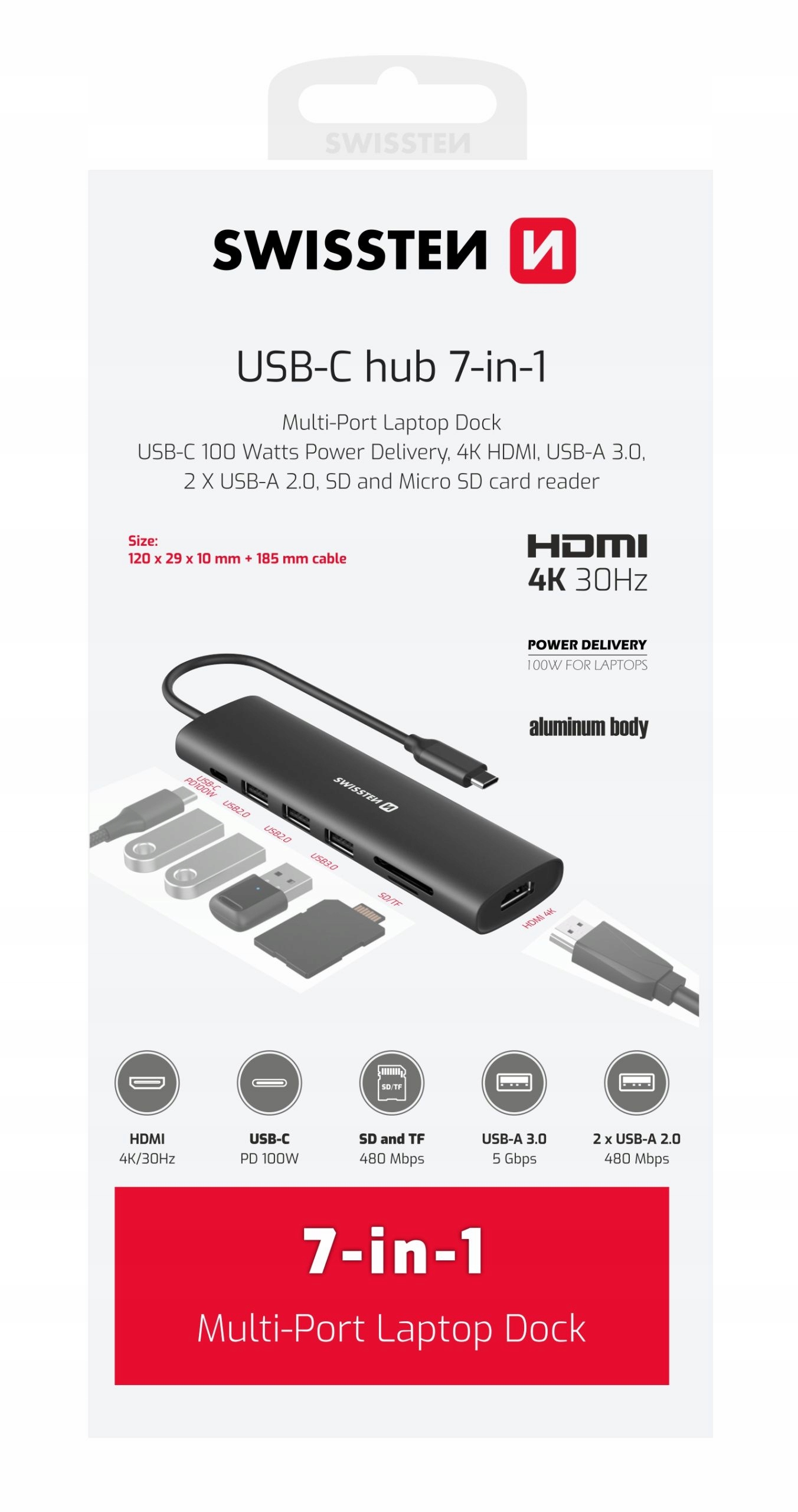 Swissten Hub Usb-c 7v1 Usb-c 100W Hdmi 4K 1x Usb-a 3.0 2x Usb-a 2.0 Sd