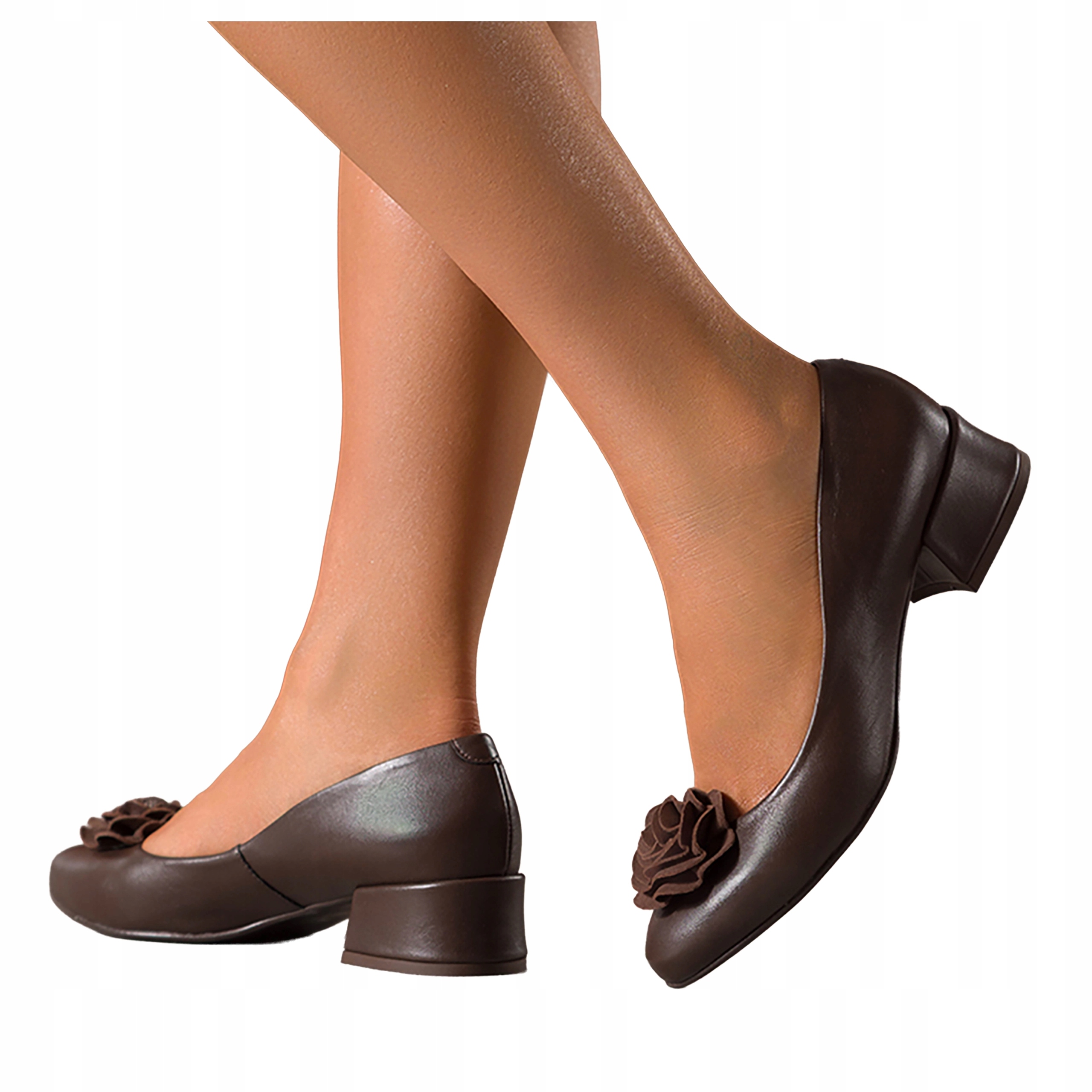 Čokoládové Lodičky Dámské Na Kostce S Ozdobným Květem Kožené vel 37