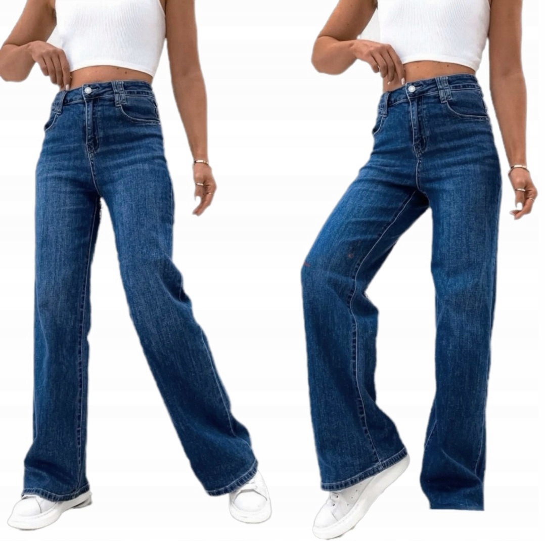 Spodnie Jeansowe Damskie Klasyczne Ciemne Uciągliwe Prosta Nogawka Rozm S
