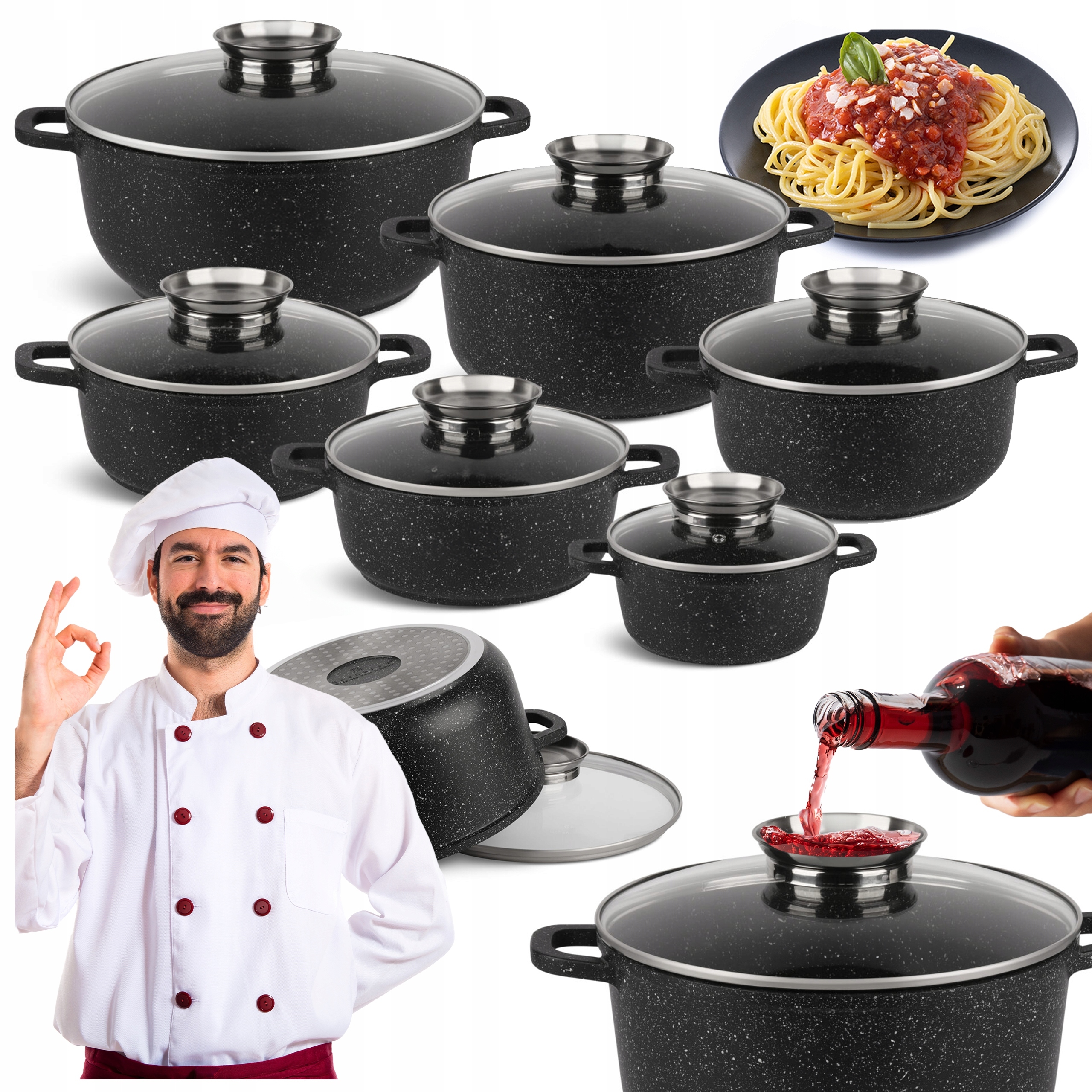 Zestaw garnków GARNKI CZARNE kamienne GRANIOWE 6 garnków z pokrywkami