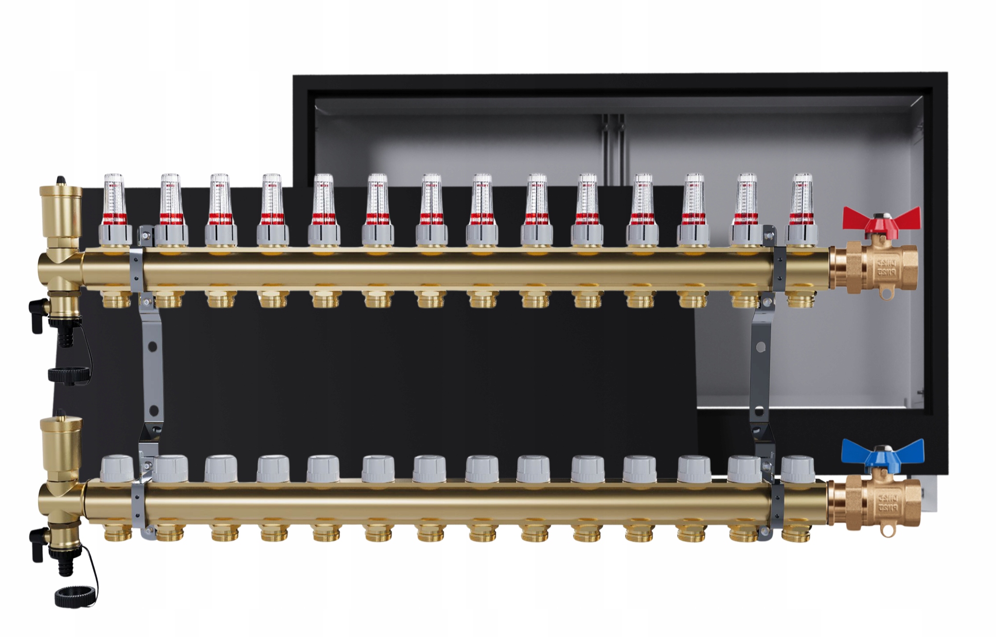 Rozdělovač podlahových krytin mosazný 14 okruhů skříňka černá jednoduchý ventil