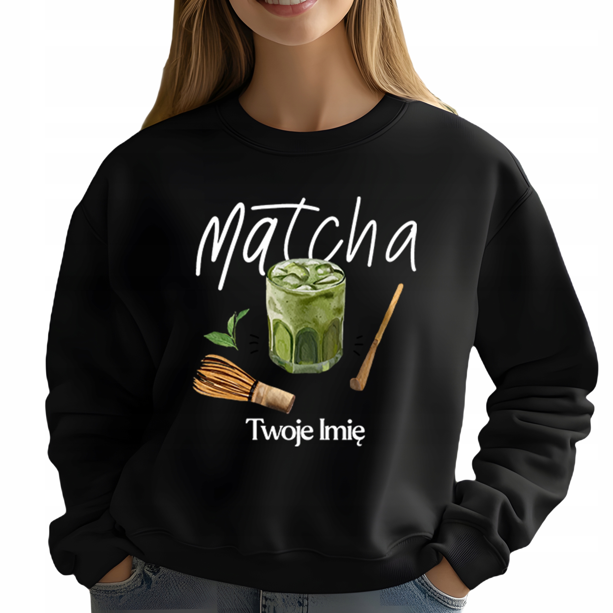 Mikina Černá pro milovnici zeleného čaje Matcha Vaše jméno XL