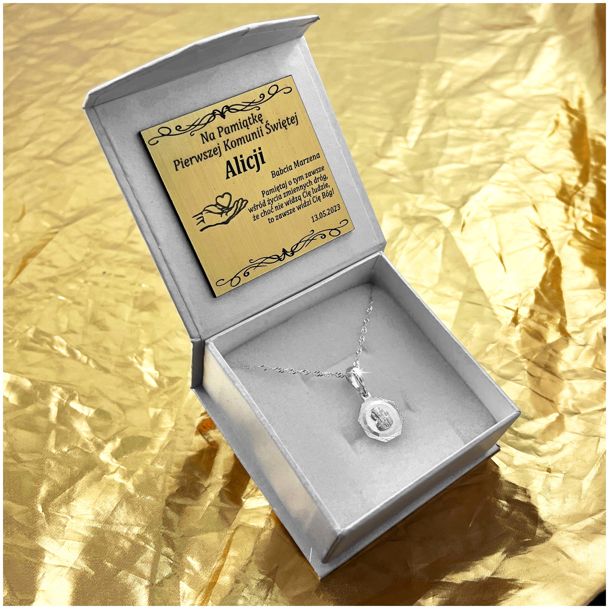 SREBRNY ŁAŃCUSZEK + MEDALIK MATKA BOSKA 925 PREZENT KOMUNIA CHRZEST GRAWER Kolor srebrny