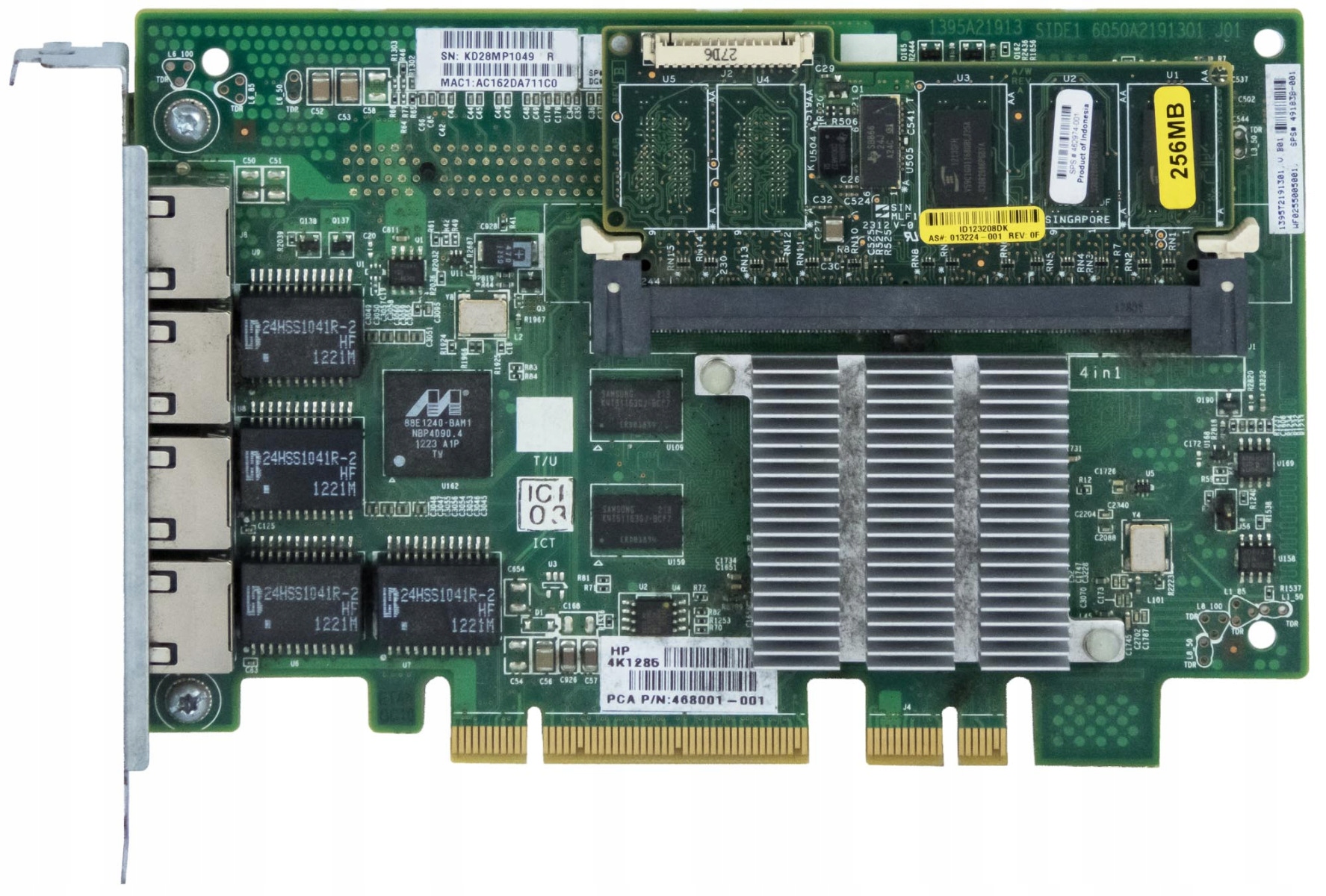 Hp 491838-001 NC375i Quad Port Nic Adapter PCIe x8 Cache 256MB