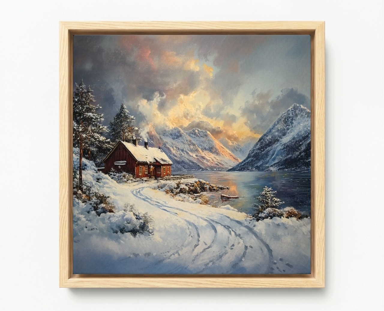 Obraz Rám Americký Box Zima Krajina Chata Jezero Hory Sníh Západ 40x40