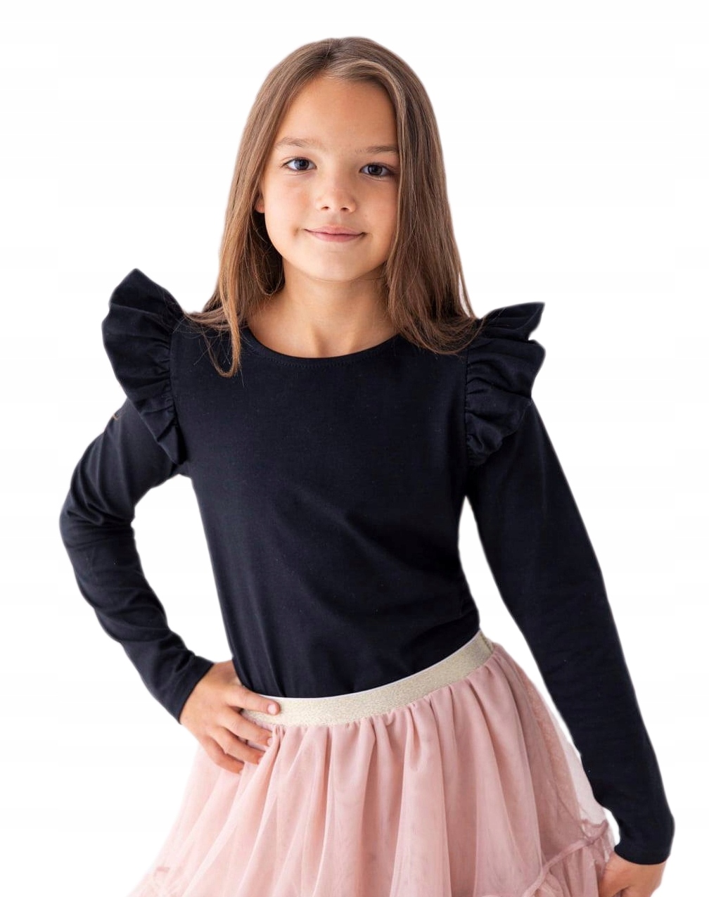 Lily Grey CZARNA GŁADKA BAWEŁNIANA BLUZKA FALBANKI 152