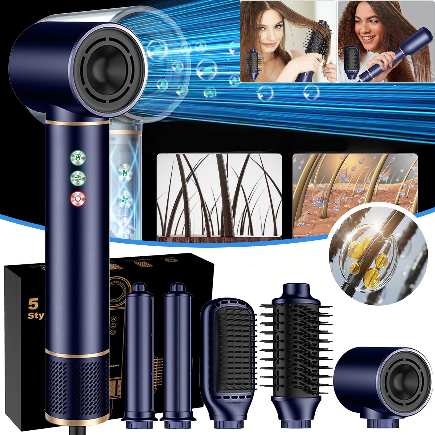 5V1 Sušička na vlasy Kartáč na vlasy Rotační ionizace 5v1 Sada