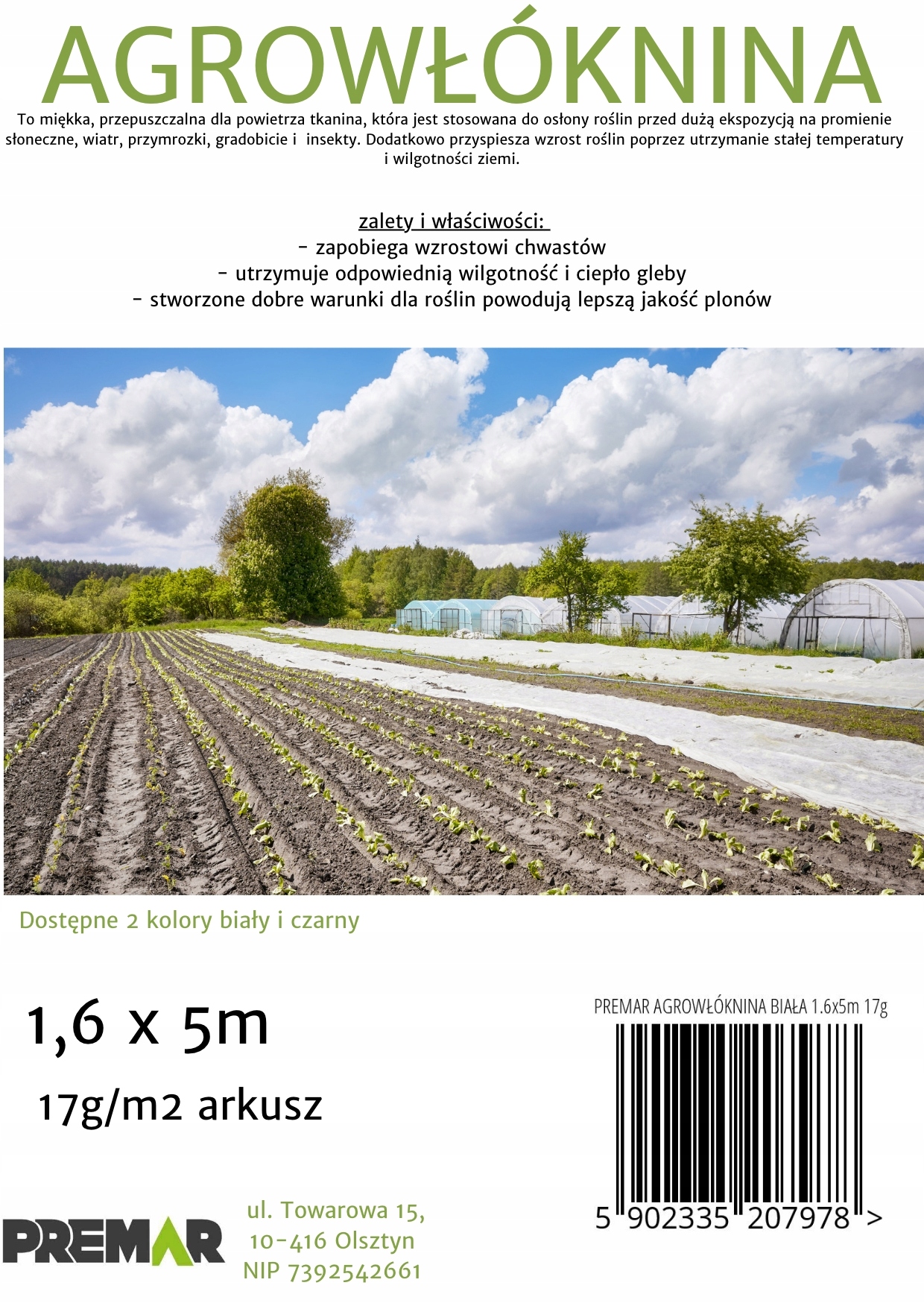 AGROWŁÓKNINA OTULINA OKRYCIOWA WIOSNA/ZIMA BIAŁA 1,6X5m 17g/m2 Producent Premar