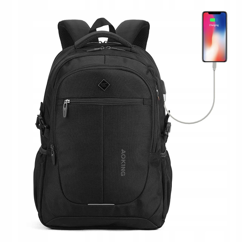 Dwukomorowy bardzo pojemny Plecak na laptopa 15,6 16,4 Aoking z Usb czarny