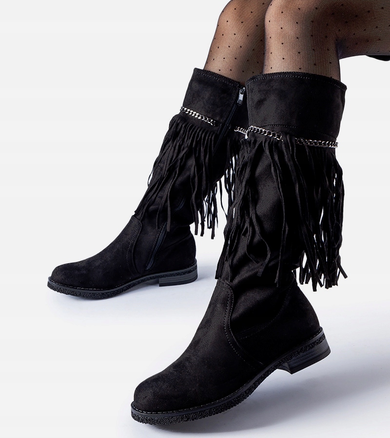 Czarne kozaki z łańcuszkiem i frędzlami 26868 26868 rozmiar 41