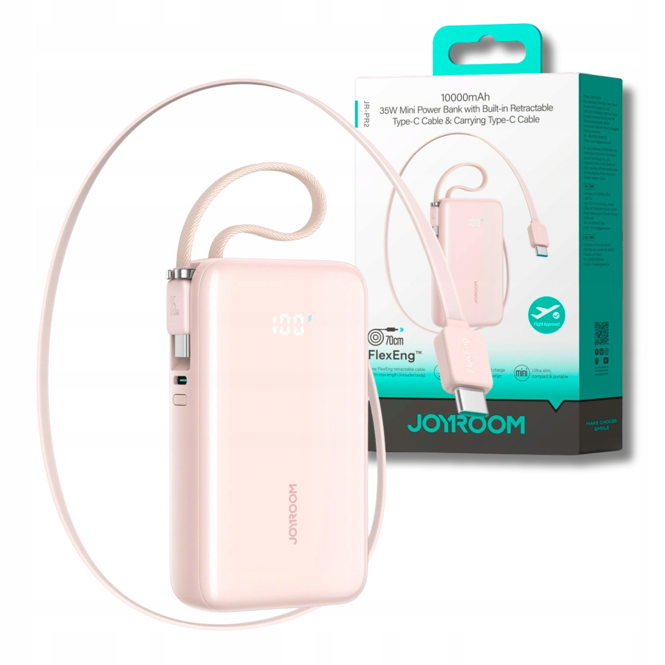 Powerbanka 10000 mAh Rychlá Powerbanka 35W S Vestavěnými 2 Kabely Usb-c Růžová