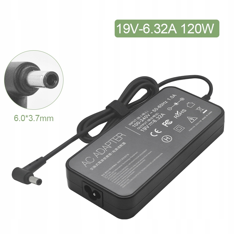 Zasilacz ładowarka do Asus 19V 6.32A 120W 6.0x3.7mm +pin Kabel Zasilający