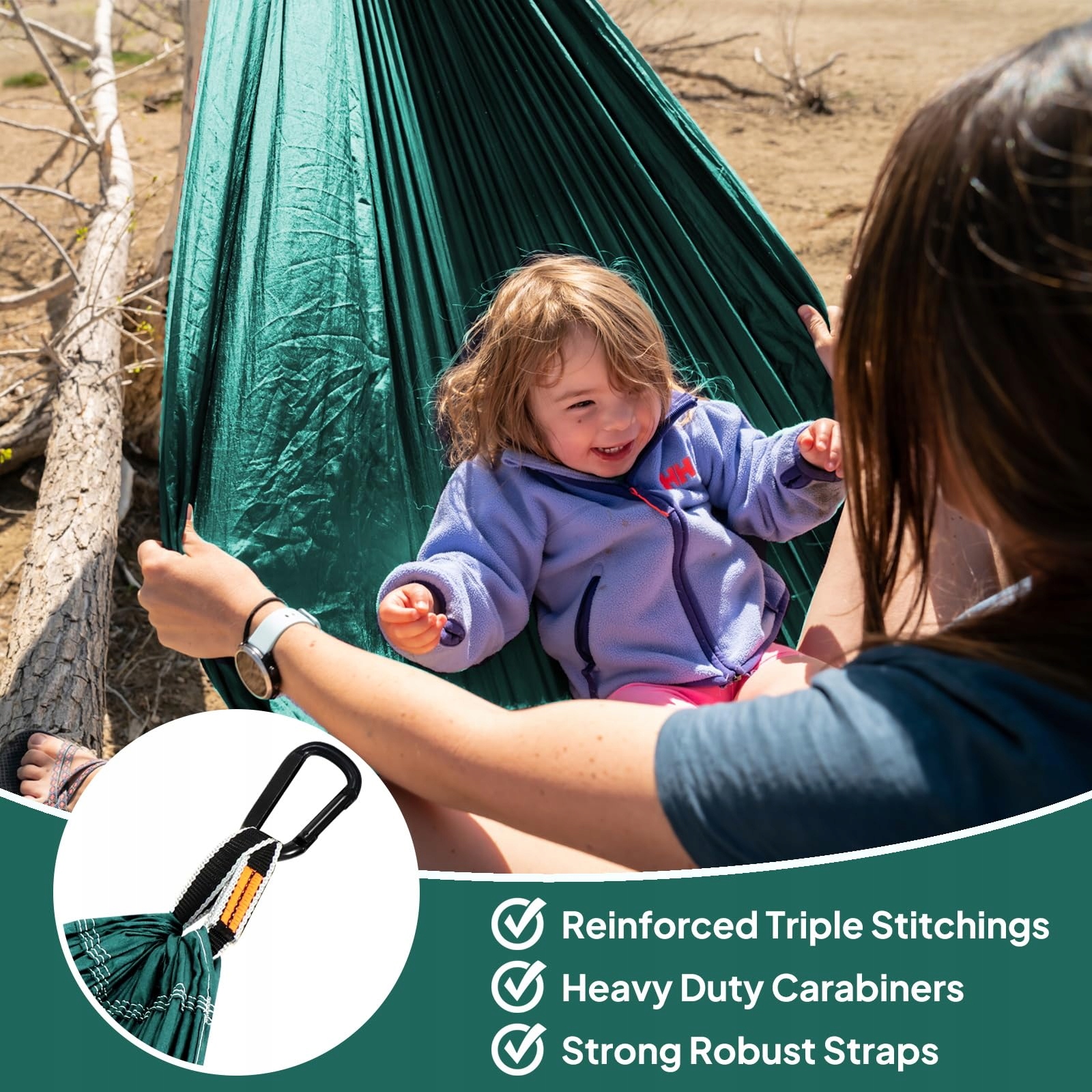 NATUREFUN Lekki Hamak Campingowy 300kg Nylon Karabinki Zielony — miniatura 5