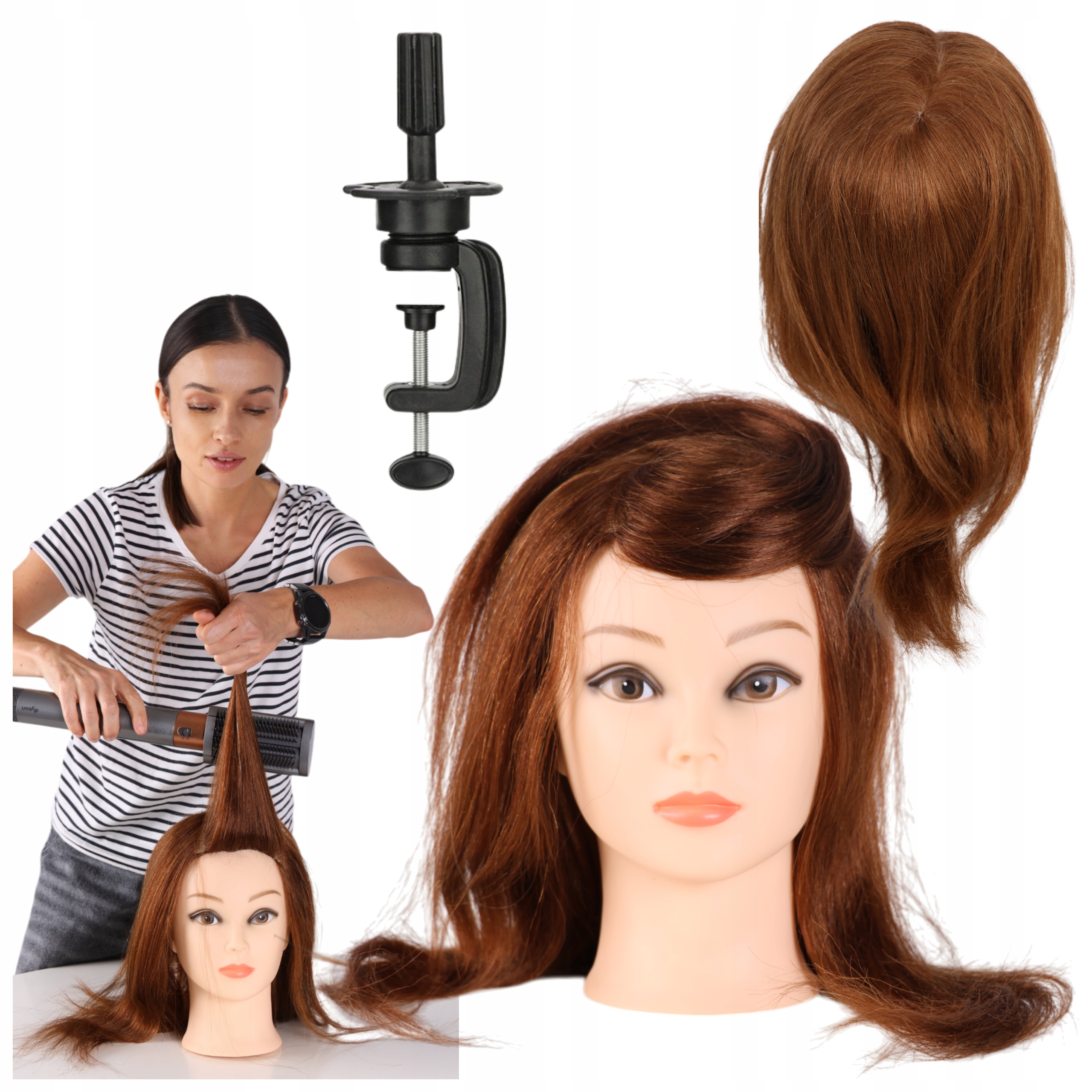 Dámská kadeřnická hlava pro trénink, 100% přírodní blond vlasy, sada stativů
