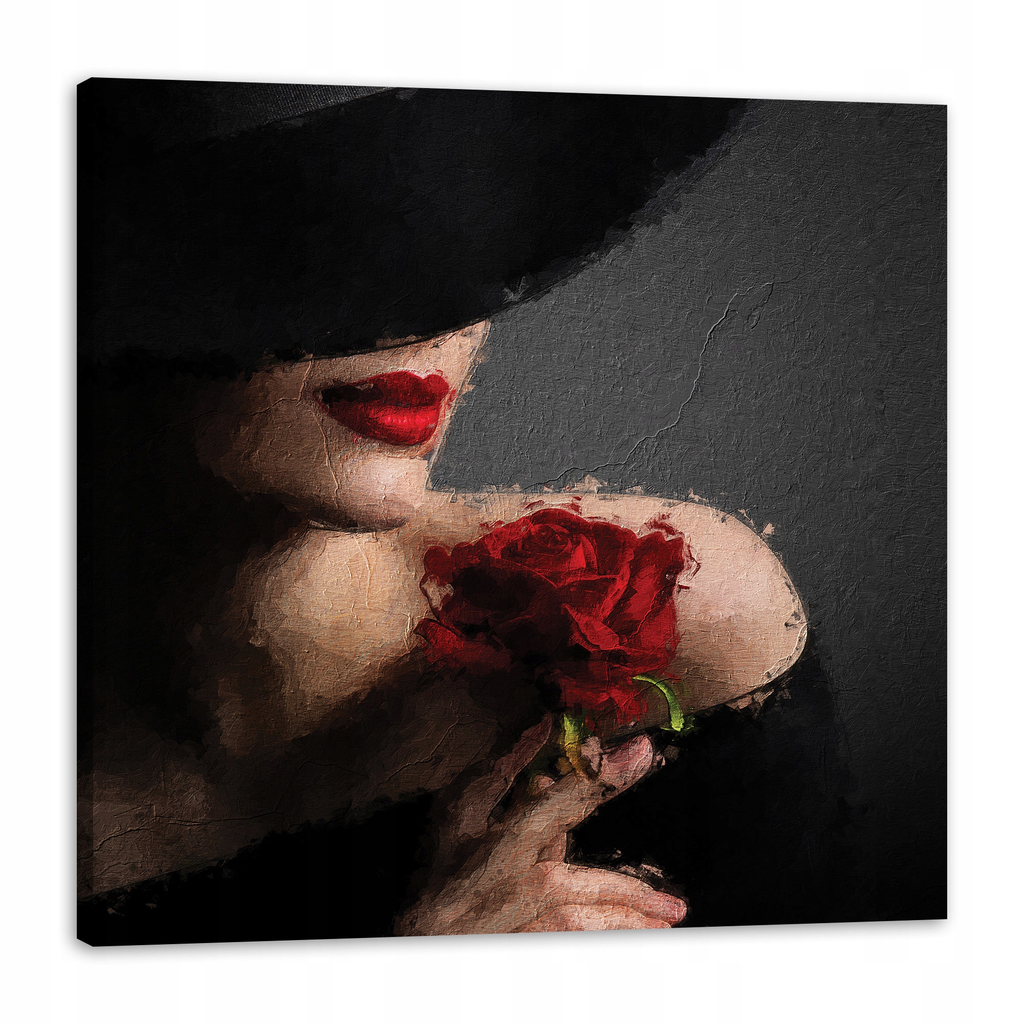 Obraz na plátně Žena s červenou růží Červené rty Elegance 80x80 cm