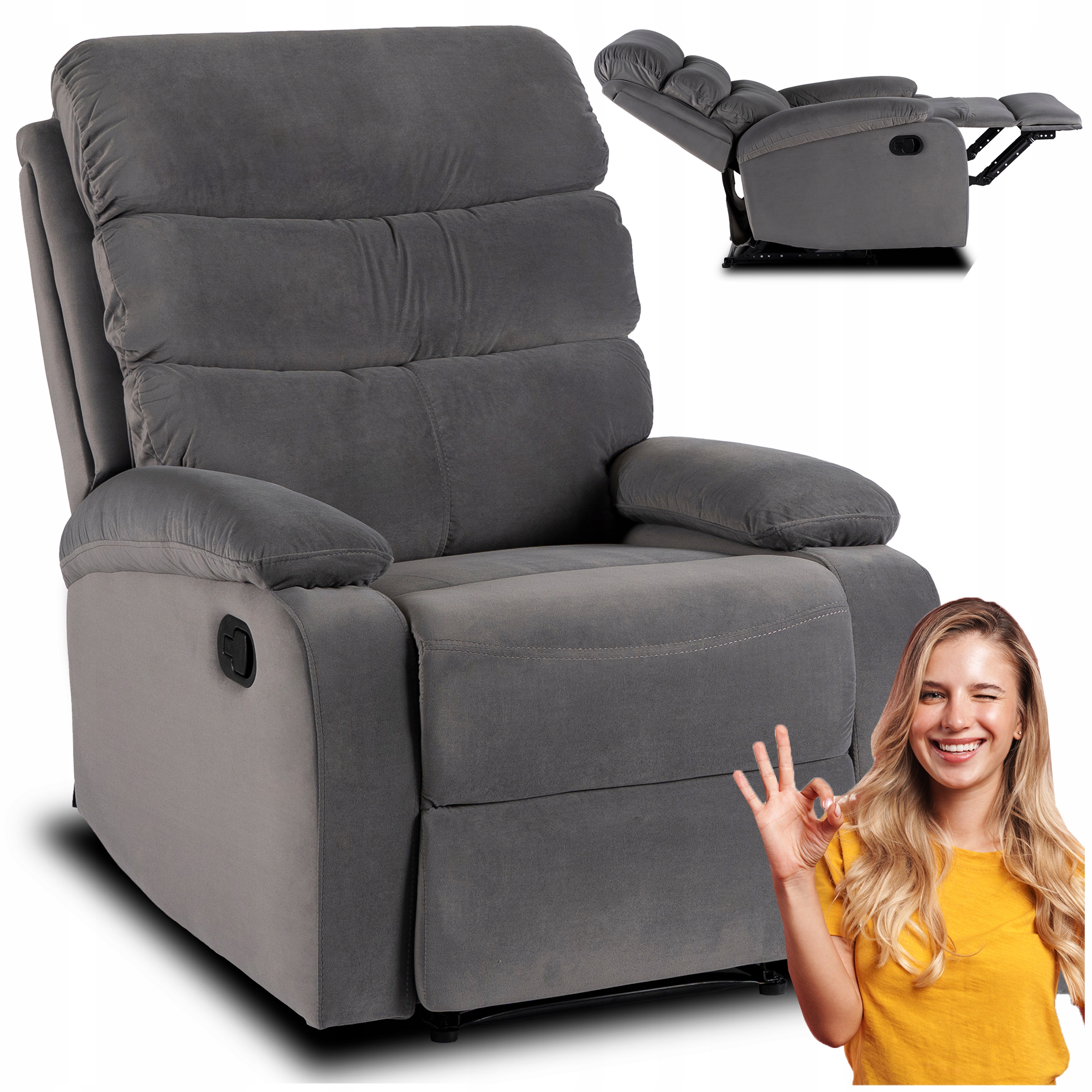 Rozkládací odpočinkové křeslo s podnožkou do obývacího pokoje Velurová šedá Kobe