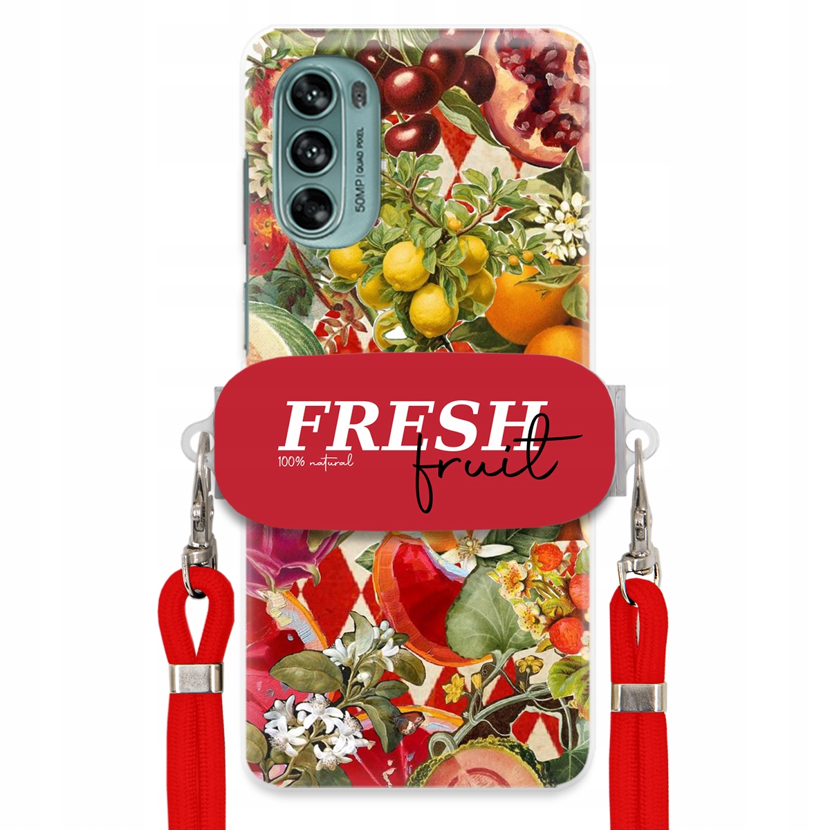 Puzdro pre Motorola G62 5G Červené Crossbody vodítko držiak Fresh Fruit Ovocie