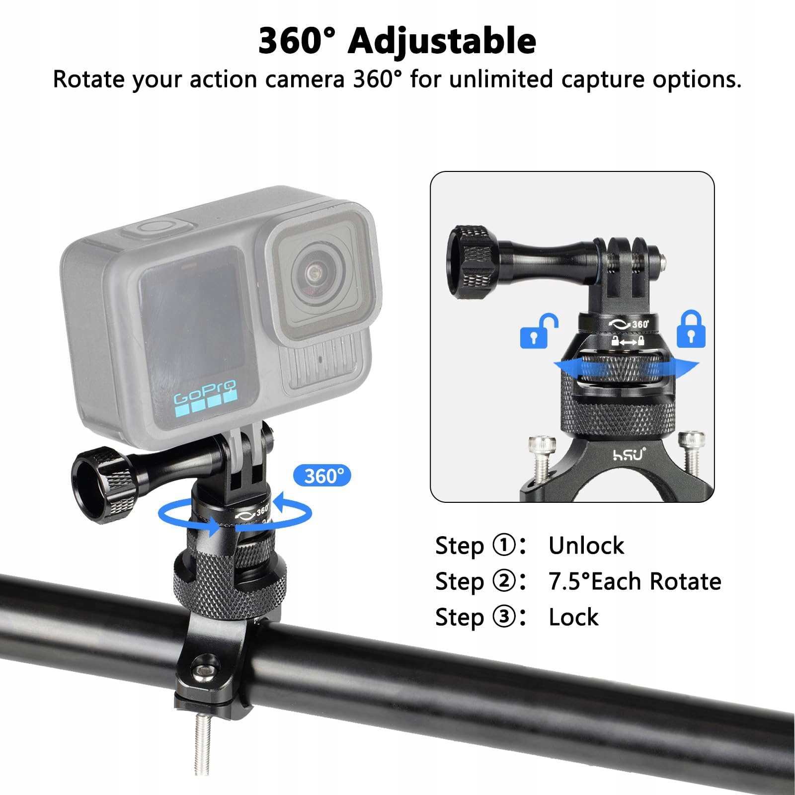 HSU Uchwyt Rowerowy Motocyklowy Kompatybilny z GoPro Insta360 Osmo Action — miniatura 2
