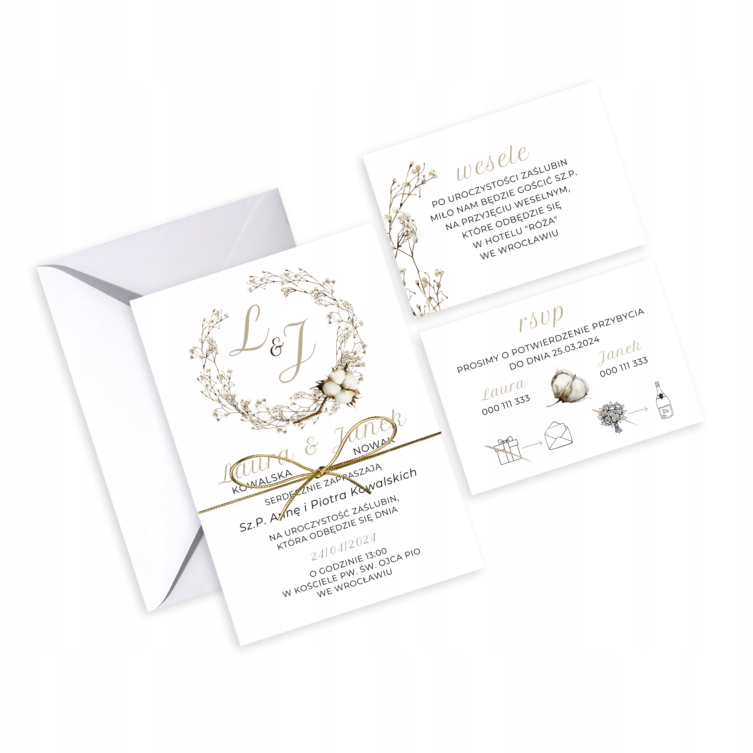 Zaproszenia Ślubne 3 w 1 WIANKI + koperta + gratis, WZORY