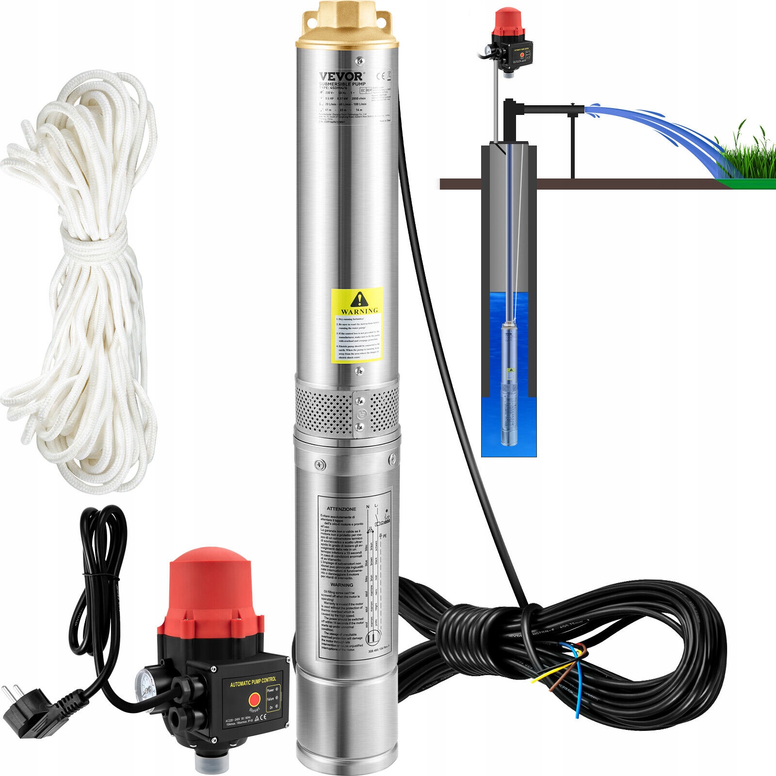 

Vevor Pompa Głębinowa 750W 105L/Min Kabel 20m
