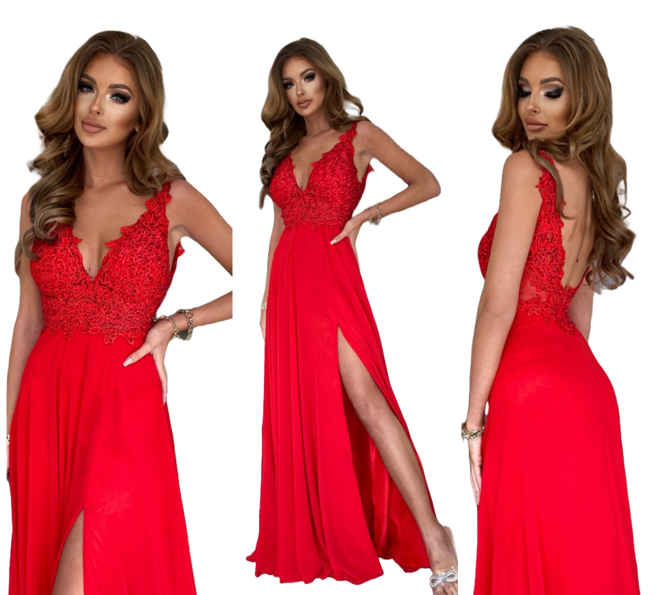 Tesla Červená Šaty Dlouhá Šifonová Šaty S Rozparkem na svatební hostina L