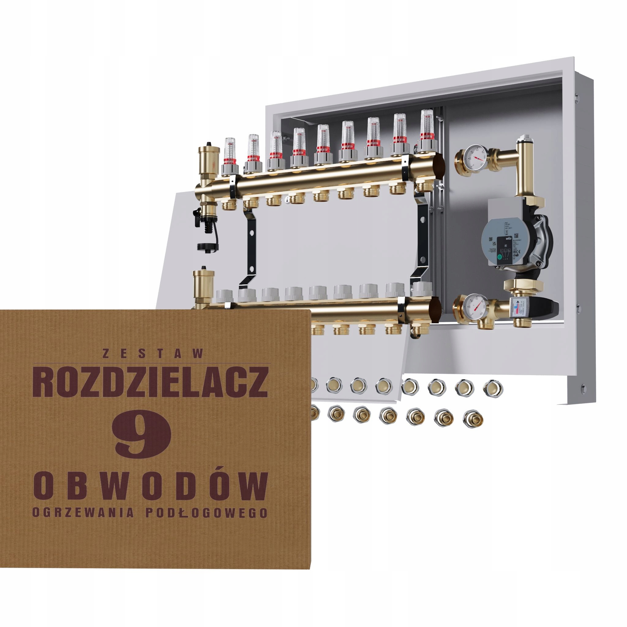 Rozdělovač pro podlahu 9 okruhů s čerpadlem Wilo podomítková skříňka Pex