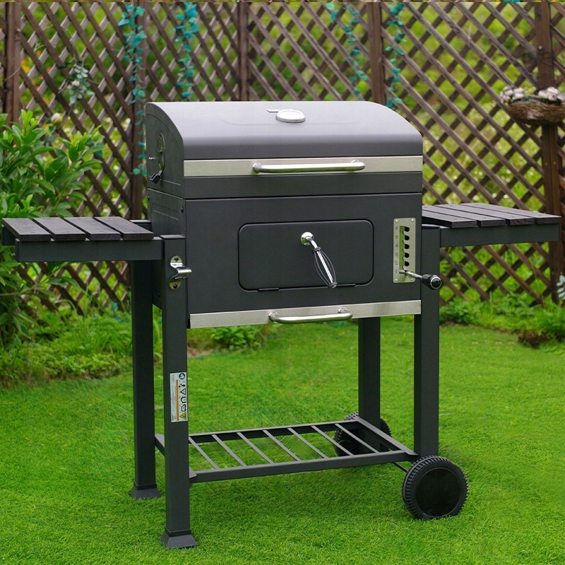 GRILL OGRODOWY WĘGLOWY Z POKRYWĄ I PÓŁKAMI VL13 DUŻY XXL SZARY + SZCZYPCE Głębokość grilla 64.5 cm