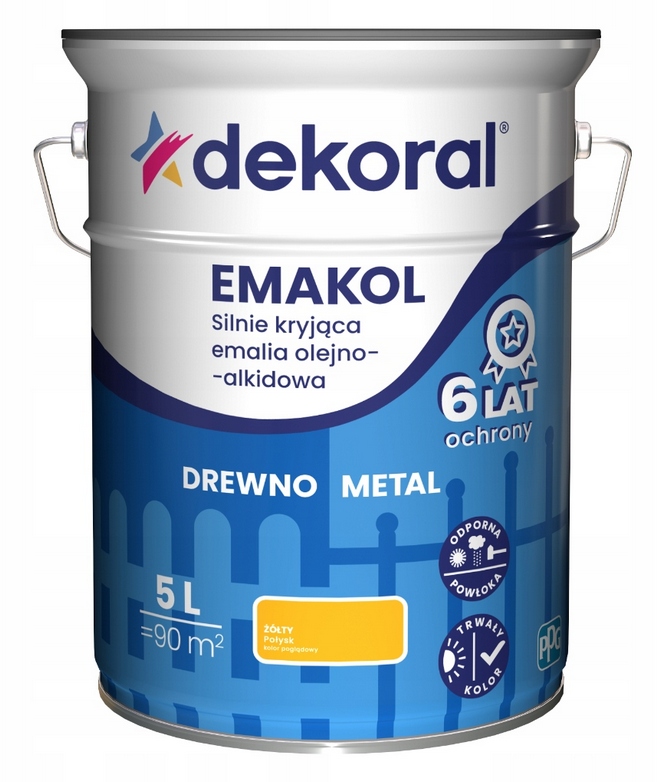 Dekoral Emakol Emalia olejno-alkidowa do drewna metalu Żółty Połysk 5L