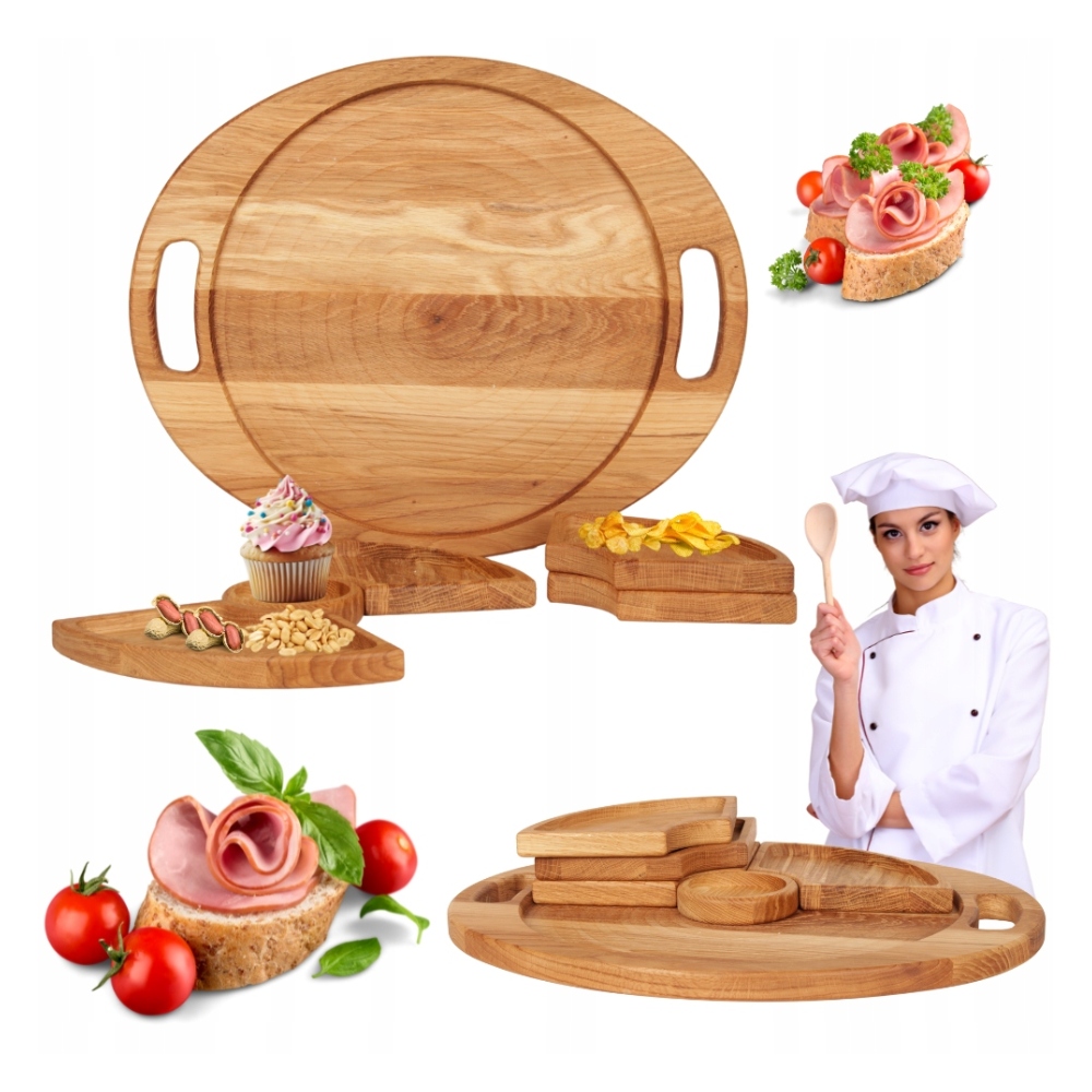Podnos Dubová deska oválná pro servírování občerstvení piknik 6 prvků