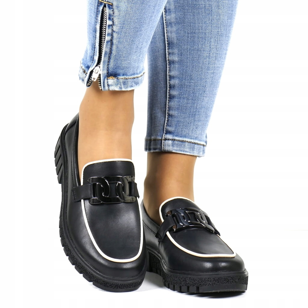 Dámské Mokasíny Lordsy Polobotky Z Kůže S Řetízkem, Černé Kotníkové Boty