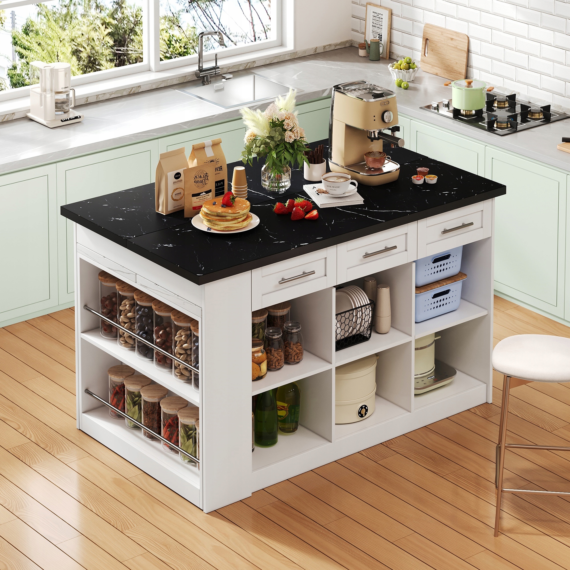 150+96cm White Kitchen Island w/ Extendable Table, Marble Top & Storage Stan opakowania oryginalne