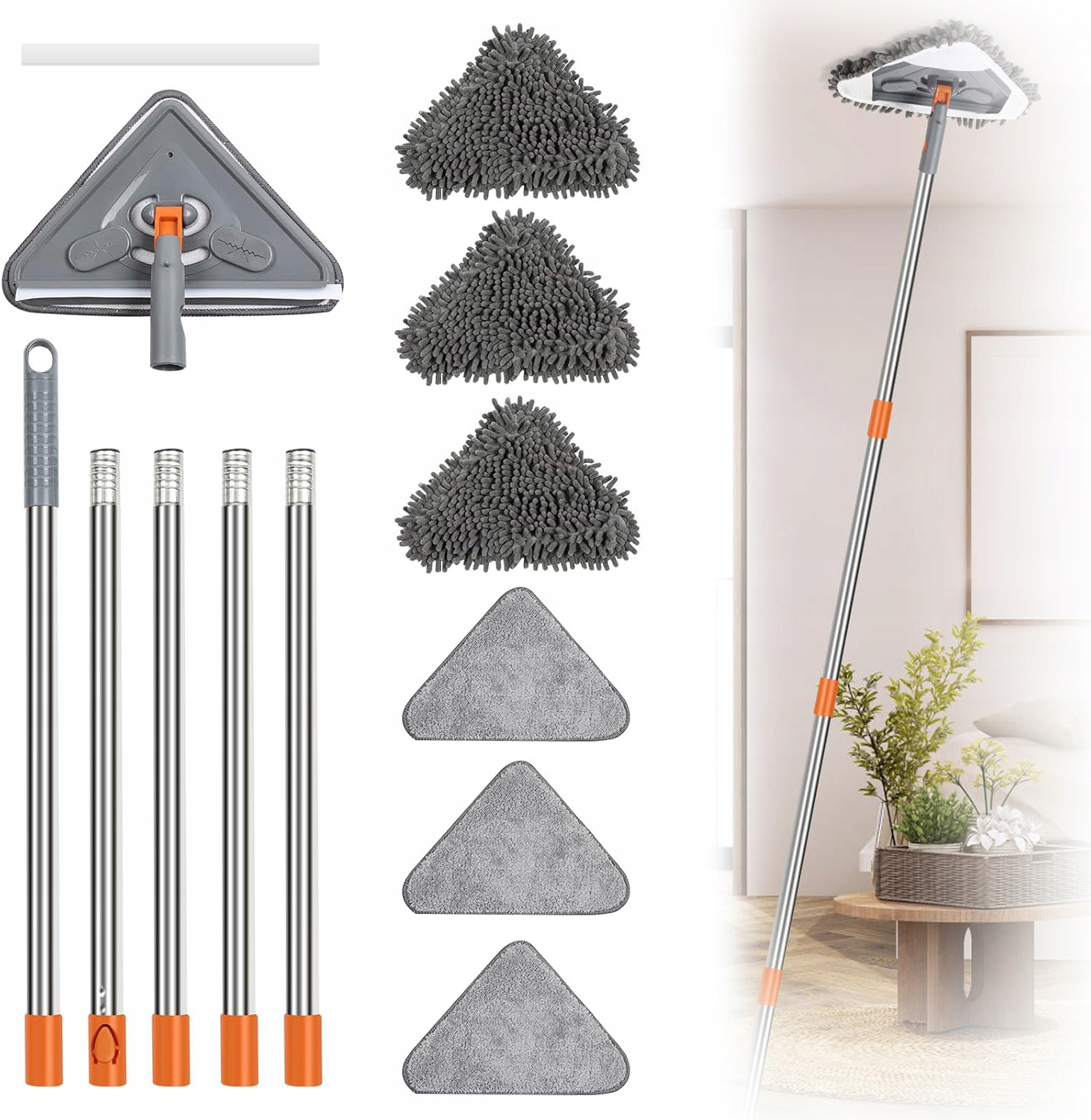 Levně Trojúhelníkový Otočný Mop 360° S Nastavením 6 Hadrů Šedá Sada