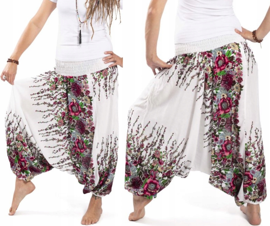 Aladinské kalhoty z viskózy se sníženým rozkrokem, vzor na jógu