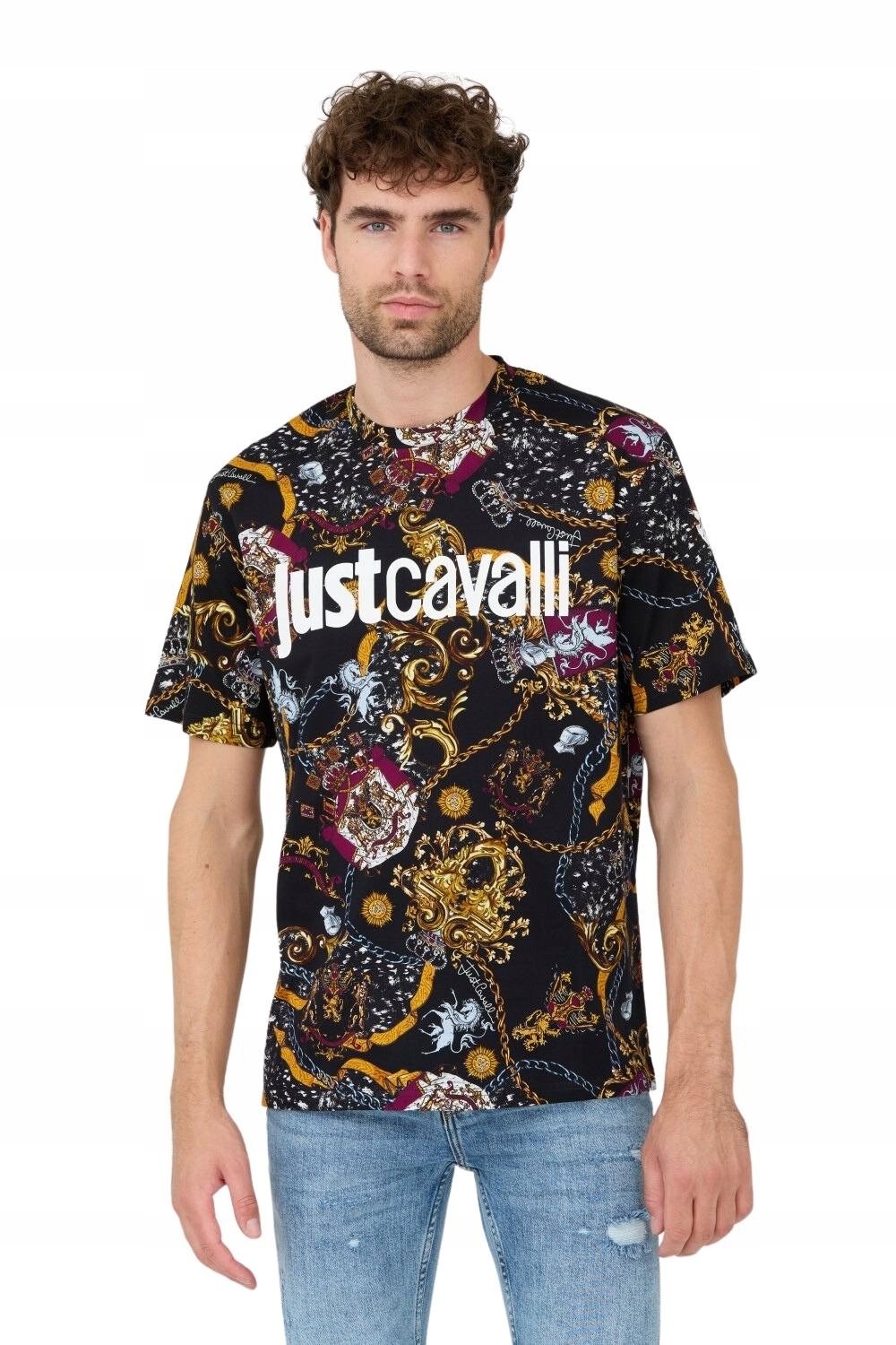 Just Cavalli Tričko černé s potiskem Iconic Schields L