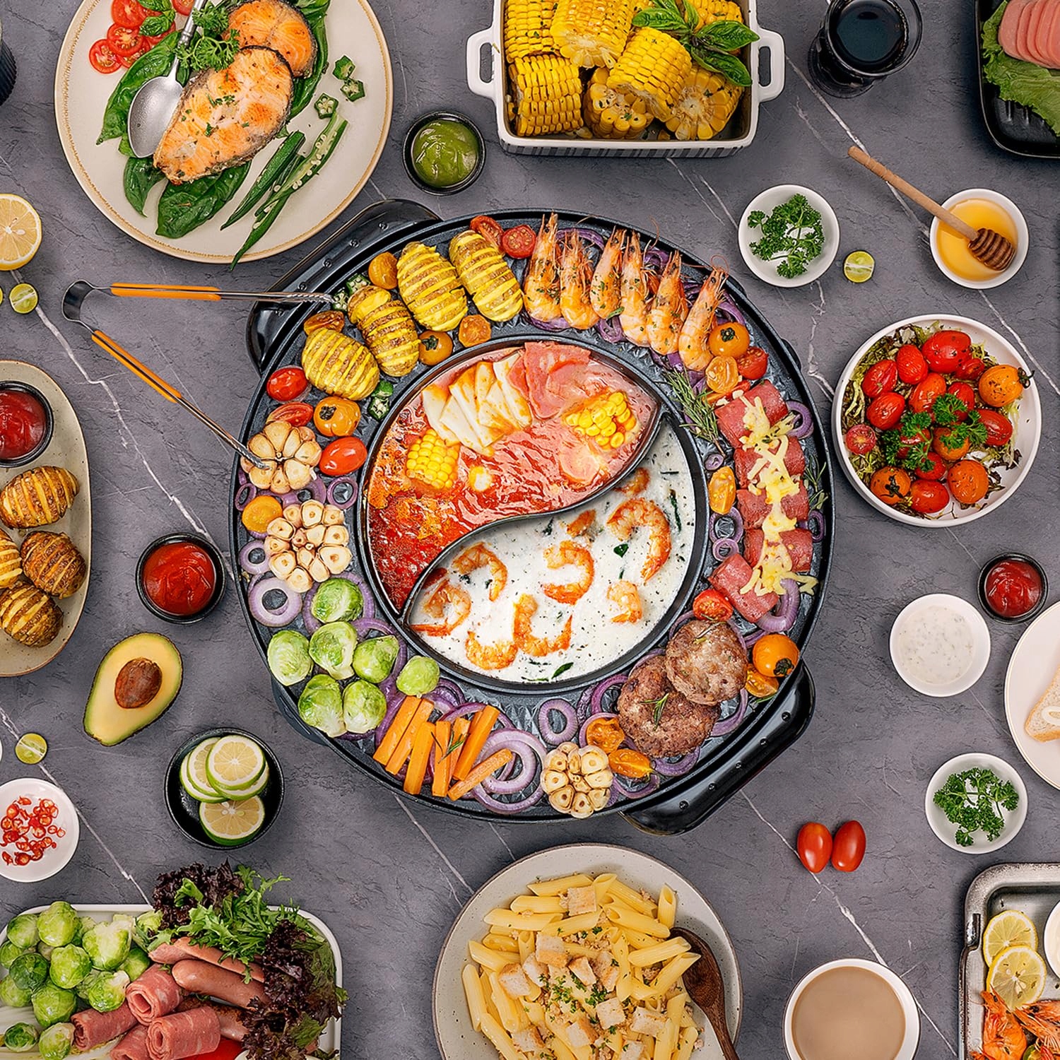 FOOD PARTY Elektryczny Garnek Grill 2w1 BBQ Fondue Raclette XXL 8 Osób — miniatura 7