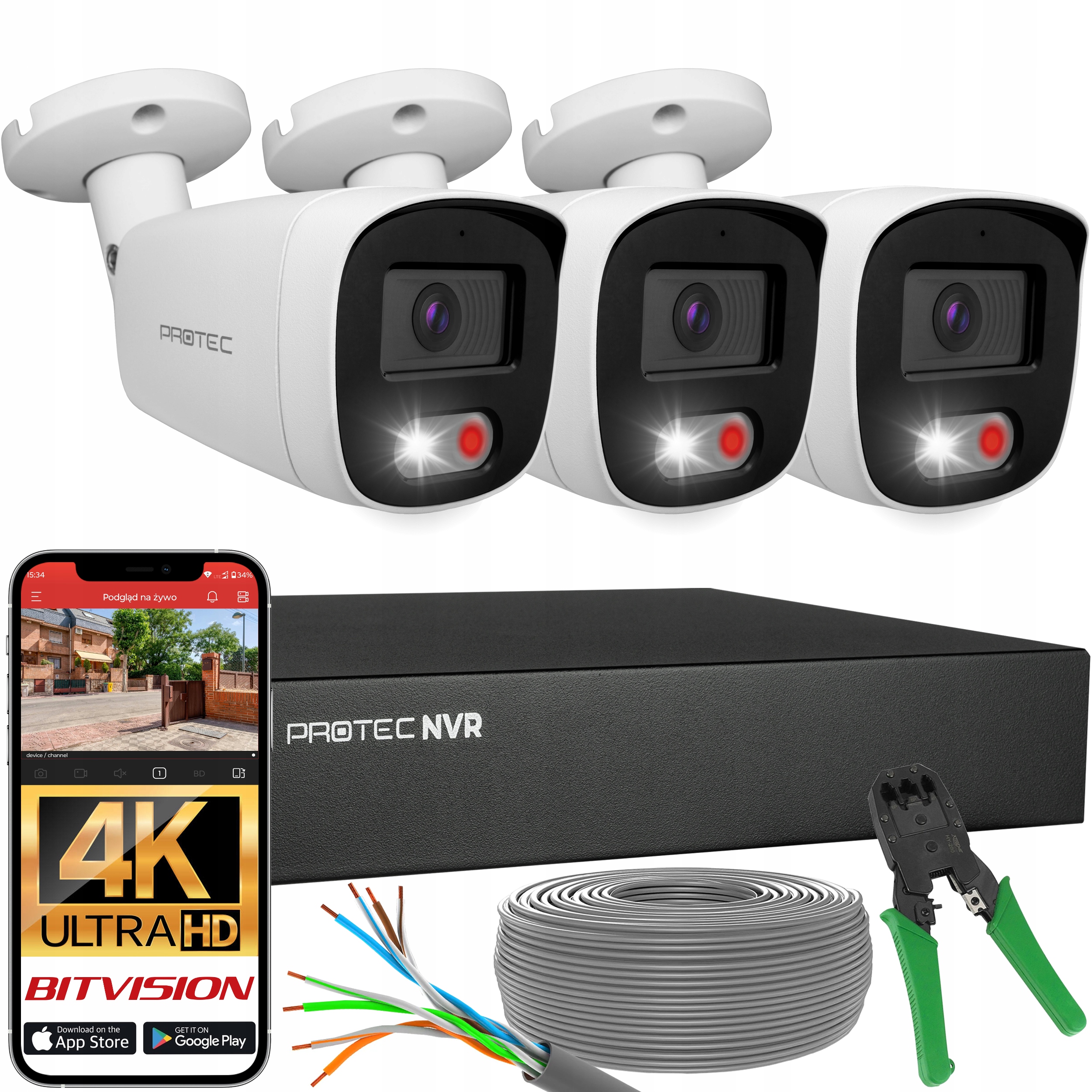 Sada 3 kamer Ip PoE Mikrofon Detekce lidí a vozidel 8Mpx 4K bez hdd