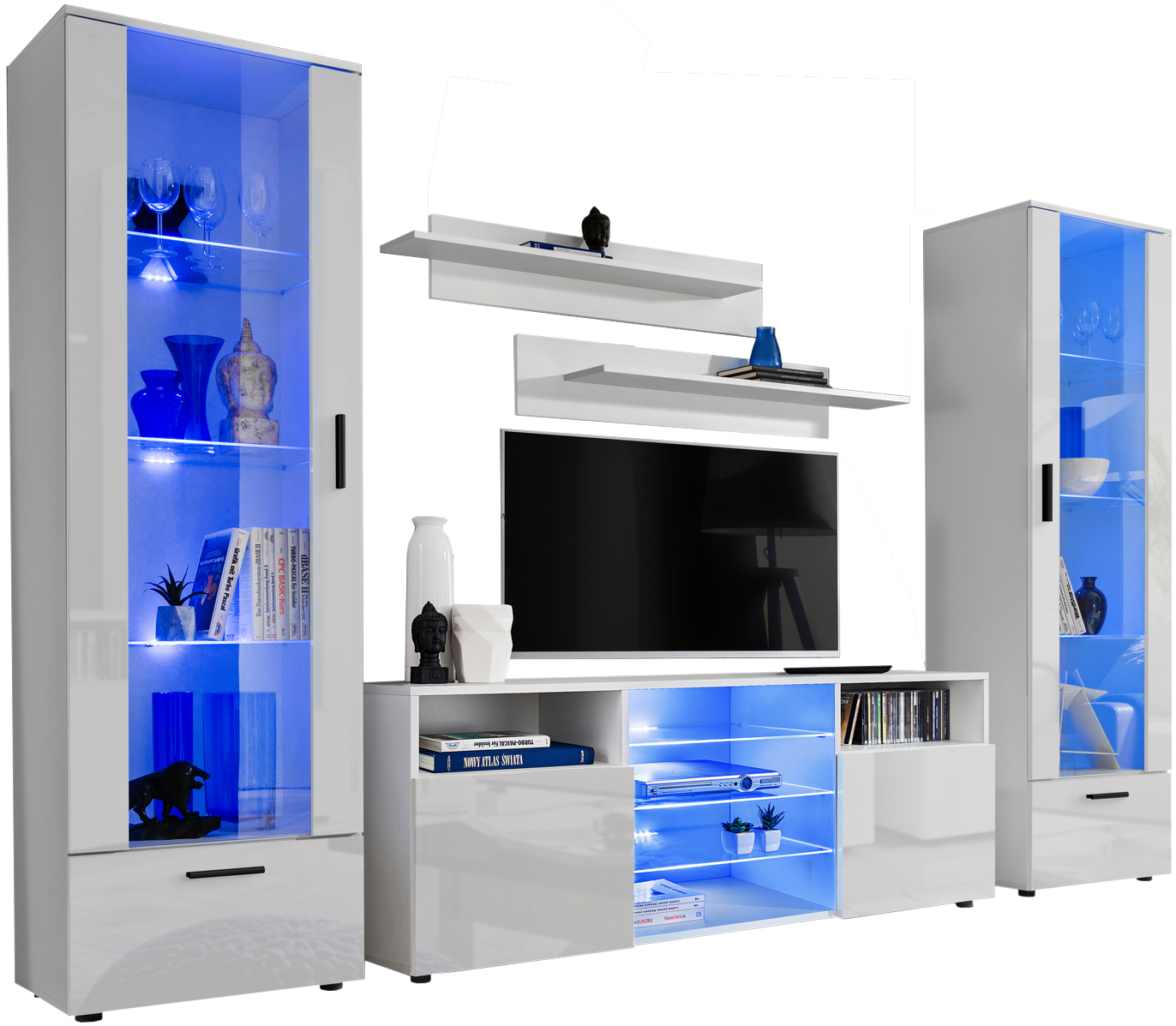 Elegantná Obývacia Stena Tower Rôzne farby Sklenené police Veľký set