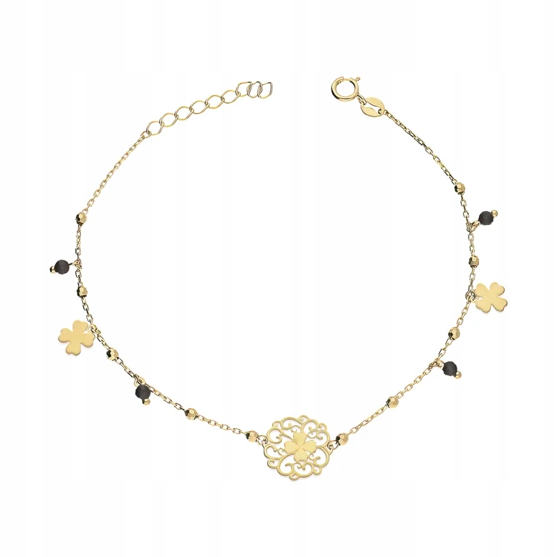 Dámský náramek ze žlutého zlata 585 s jetelem a černými zirkony