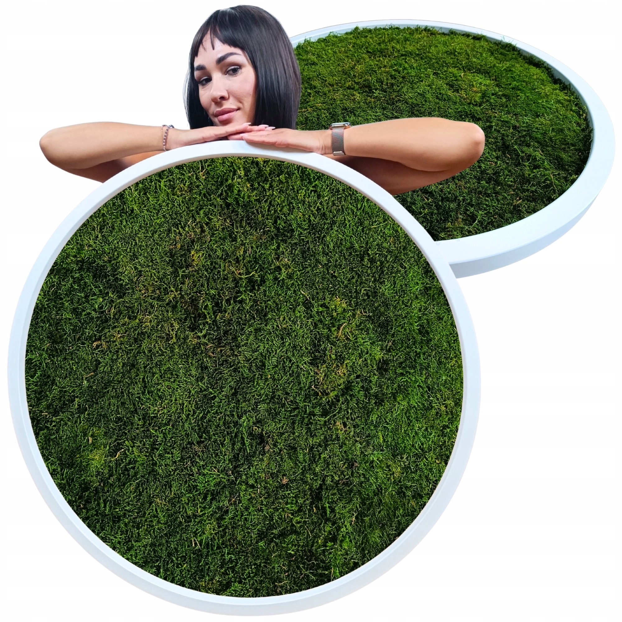 Obraz Mech Plochý dřevěný Kulatý bílý rám Živý stabilizovaný 90 cm