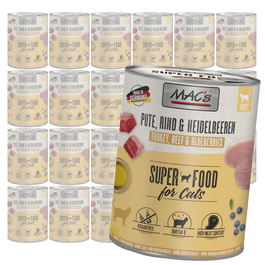 Levně MAC's 24x800g bezobilné Mokré Krmivo Pro Kočky Krůta s borůvkami