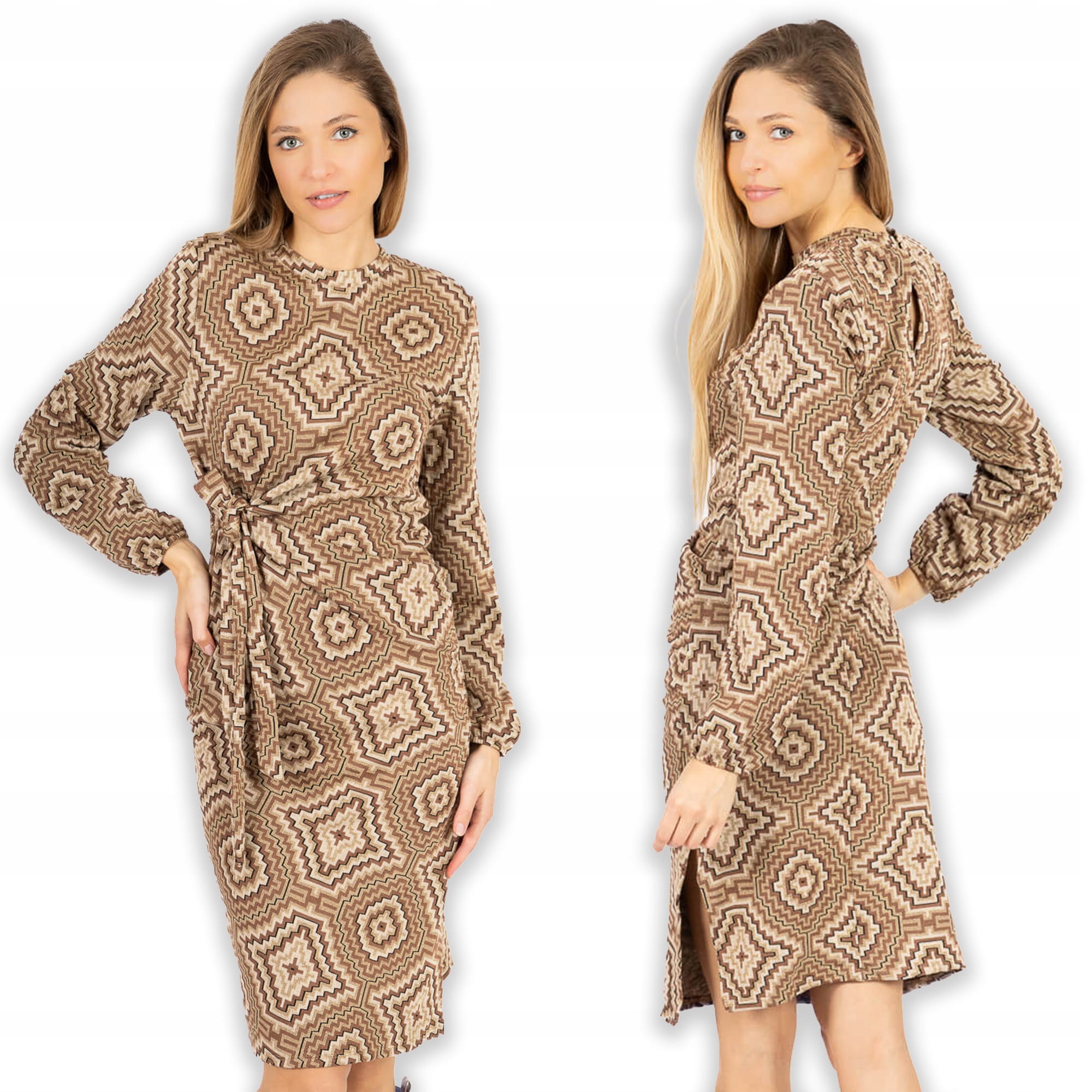 Přiléhavá pletená šaty se zavazováním v pase, hnědá S/m