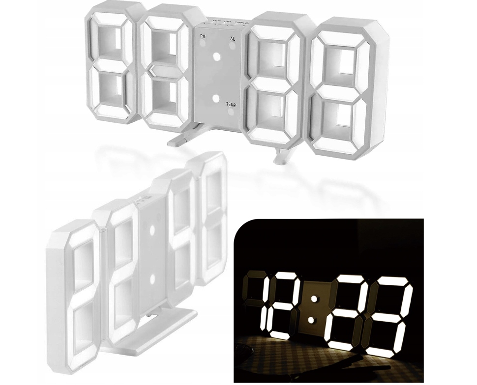 Zegar Elektroniczny LED 3D z budzikiem BIAŁY