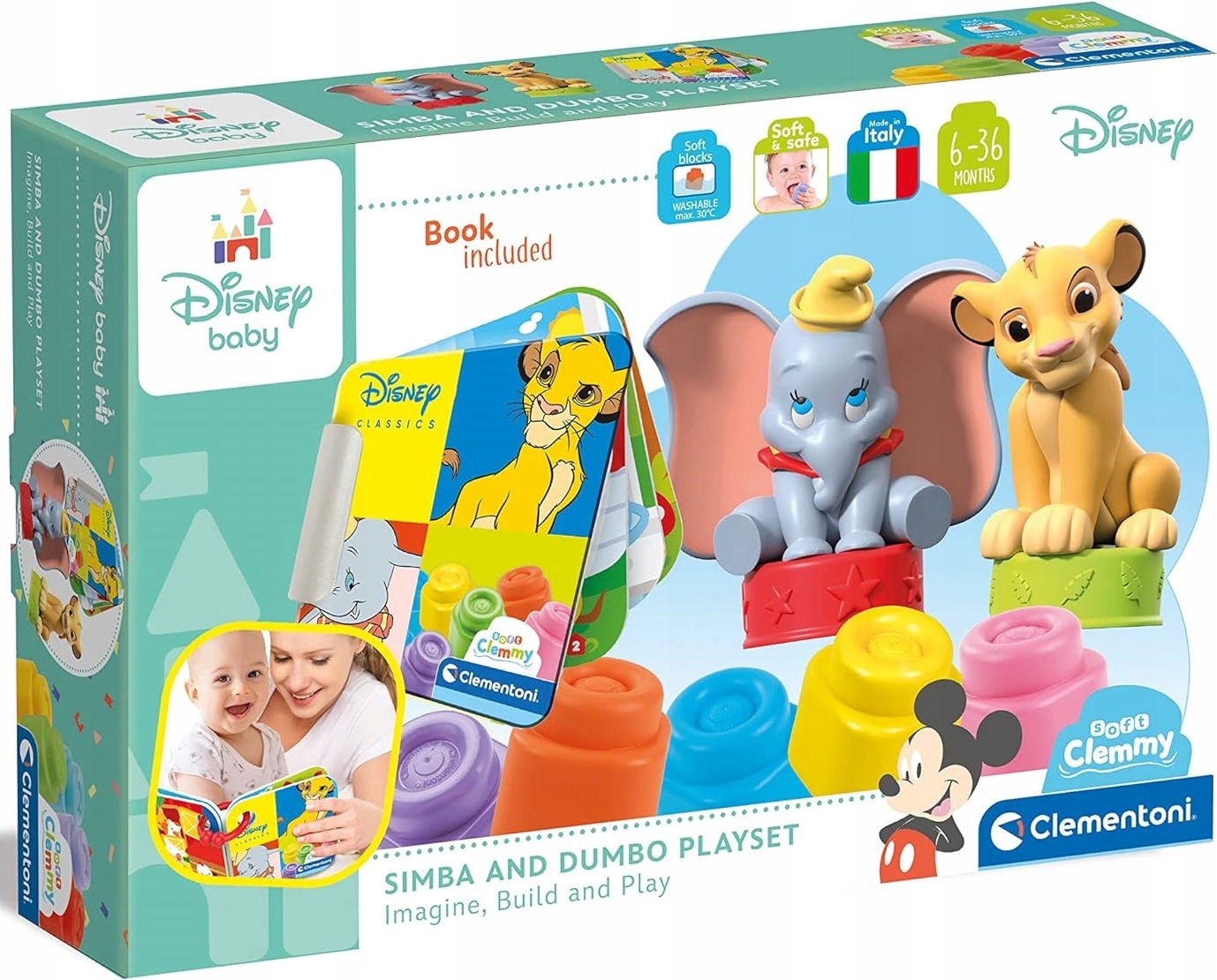 CLEMENTONI MIĘKKIE KLOCKI SENSORYCZNE DISNEY DUMBO KRÓL LEW +KSIĄŻECZKA 6m+