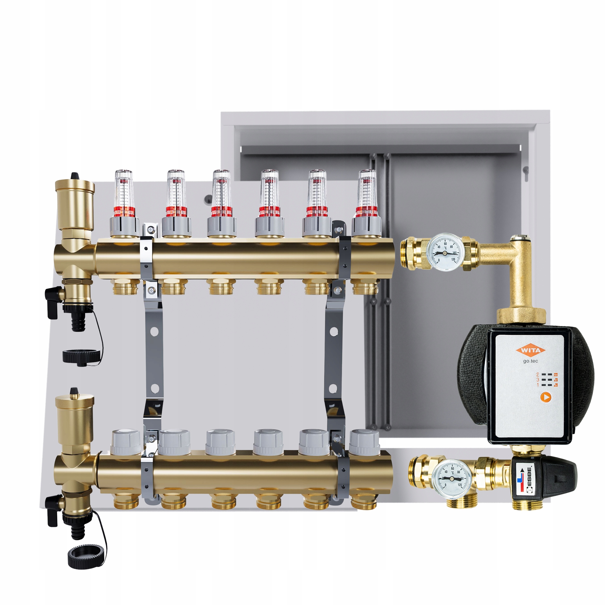 Rozdeľovač na podlahu 6 okruhov s čerpacou skupinou Wita nástenná skrinka