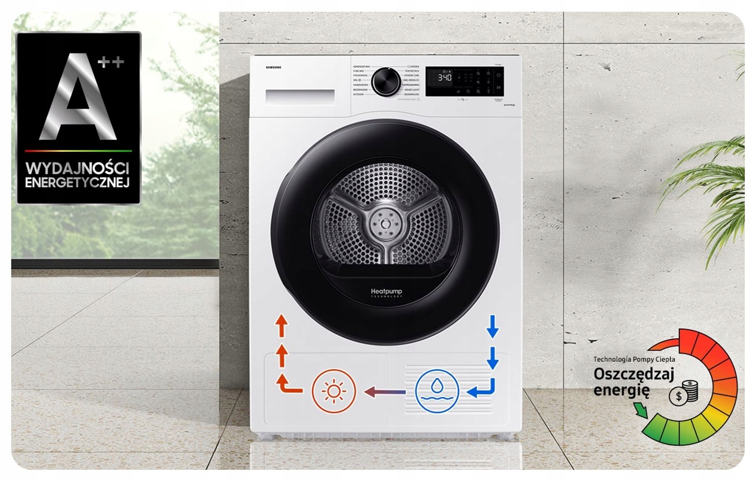 Suszarka do ubrań SAMSUNG DV90CGC0A0AE SmartThings Podświetlenie bębna LED Model DV90CGC0A0AE