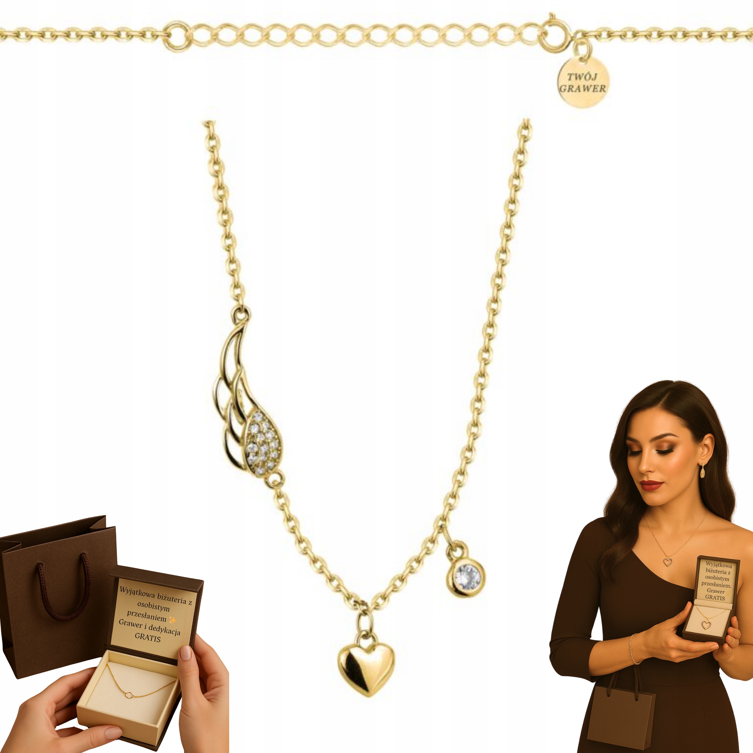 Dámský zlatý Řetízek se srdíčky, křídly Zirkony 925/585 Gravírování Bonus