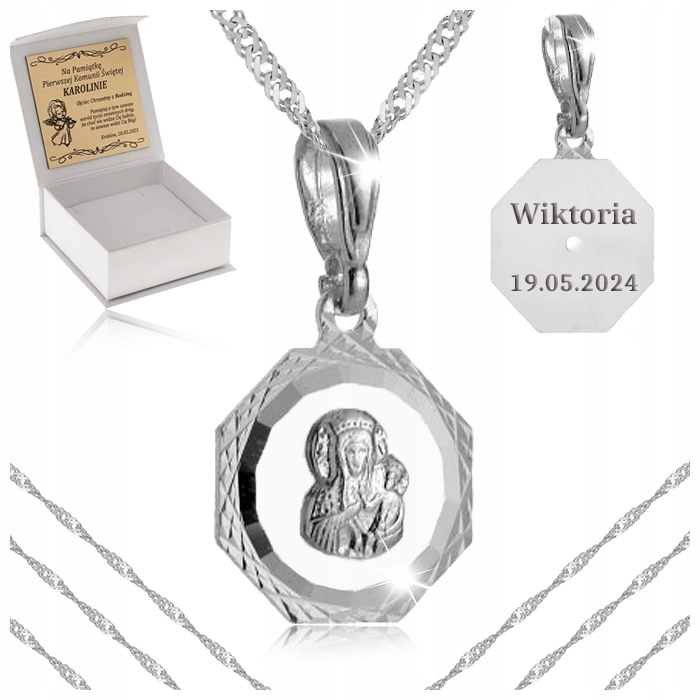 SREBRNY ŁAŃCUSZEK Z MEDALIKIEM PR. 925 PAMIĄTKA I KOMUNII ŚWIĘTEJ + GRATISY