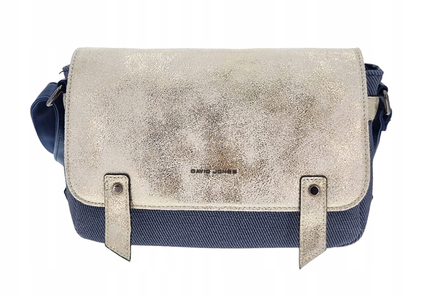 Zlatá modrá kabelka přes rameno s klopou David Jones